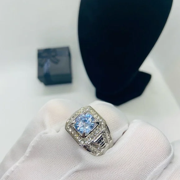 NEW Men Silver Square Diamond Wide Band Ring - Picture 9 of 11